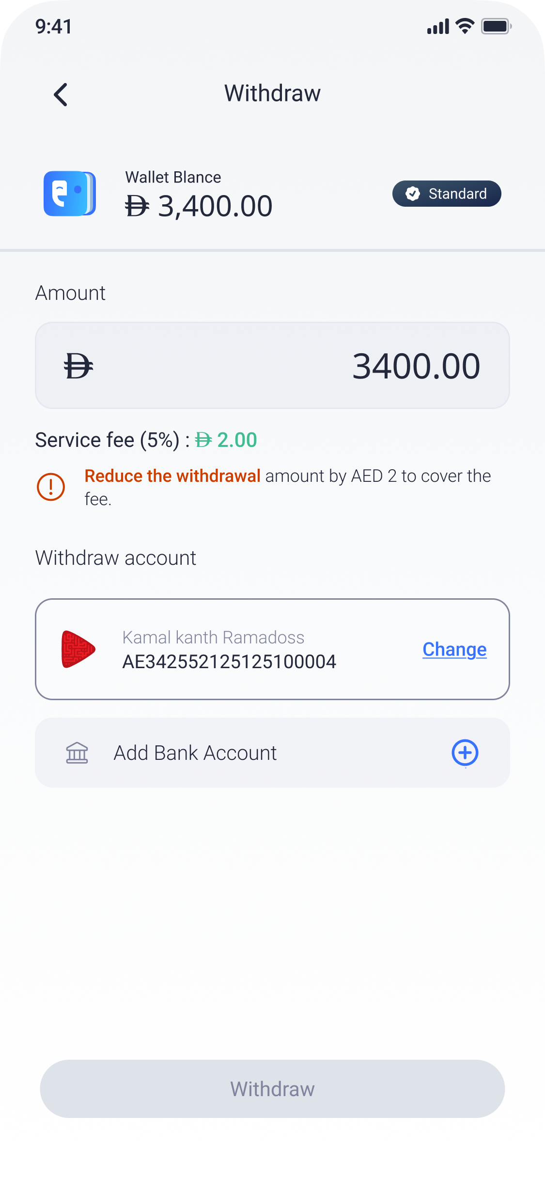 Withdrawal amount adjusted to include fee
